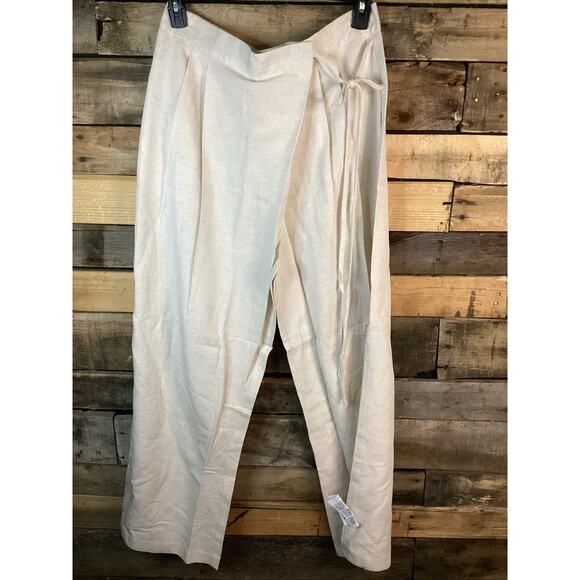 Asos Design Linen Tie Front Wide Leg trousers In Ivory Size 12 - Picture 2 of 5